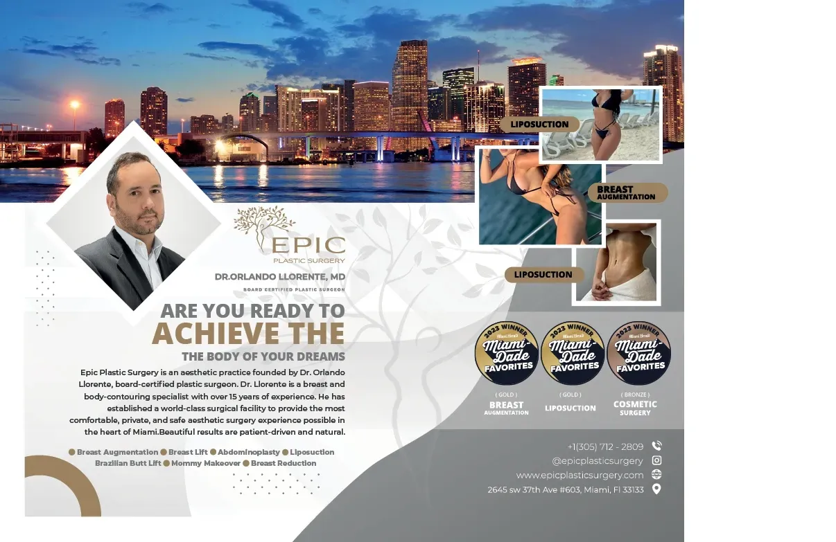 Plastic surgery advertisement featuring services and doctor.